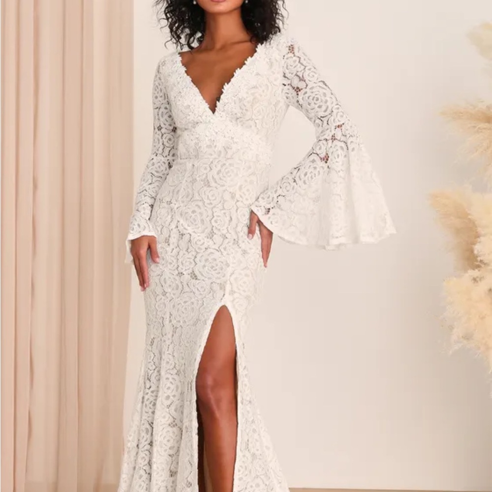 Lulus White Lace Gown - Duchess Ivory Lace Bell Sleeve Maxi Dress